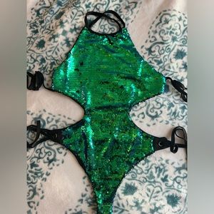 Teal green to black reversible sequin one piece cut out open back bodysuit
